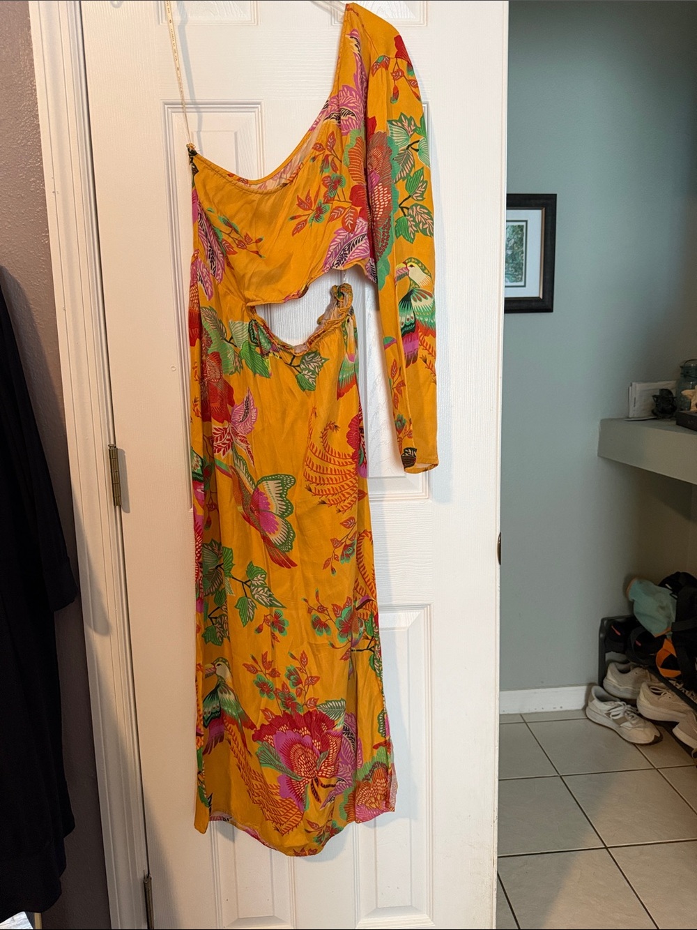 FARM Rio for Anthropologie Yellow Floral One-Shoulder Cutout Maxi Dress